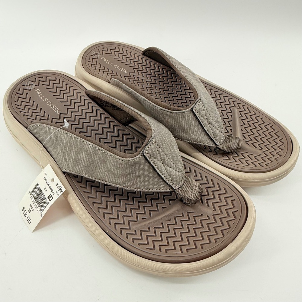 Falls Creek Mens M 7-8 Canvas Sandals Brown Thong Flip Flop Casual Beach Summer